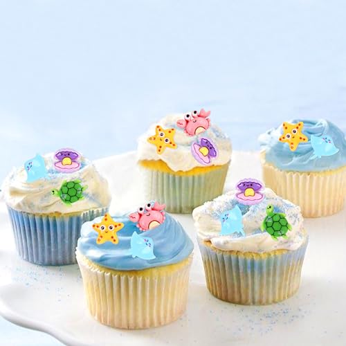 Ercadio 30Pcs Ocean Animal Cupcake Toppers Under the Sea Turtles Crab Starfish Clam Shell Cupcake Picks Seahorse Coral Cake Decorations for Under the Sea Theme Baby Shower Birthday Party Supplies