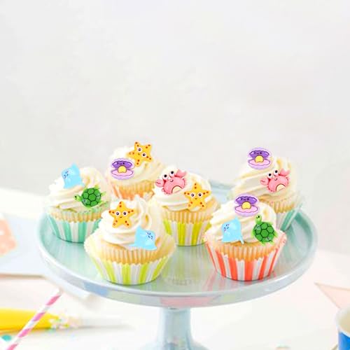Ercadio 30Pcs Ocean Animal Cupcake Toppers Under the Sea Turtles Crab Starfish Clam Shell Cupcake Picks Seahorse Coral Cake Decorations for Under the Sea Theme Baby Shower Birthday Party Supplies