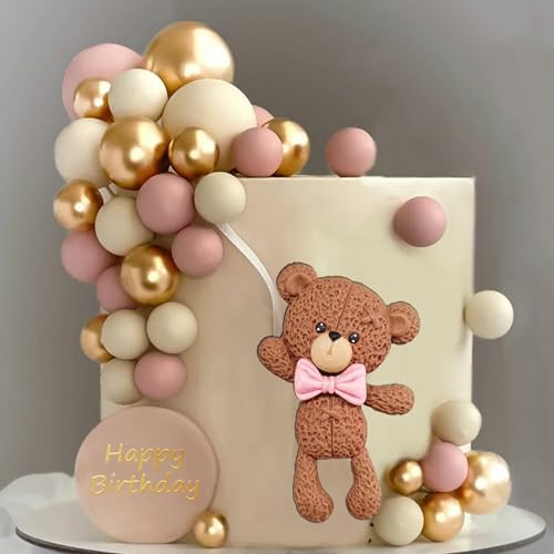 Brown Bear Colorful Balloons Balls Cake Toppers for Birthday Baby Shower Party Decorations Supplies (Pink)