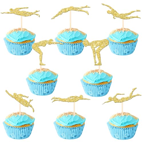 24 PCS Summer Swiming Cupcake Toppers Glitter Swim Cupcake Picks Swimmer Team Cake Decorations for Sports Swim Theme Beach Pool Party Baby Shower Birthday Party Cake Decro Supplies Gold