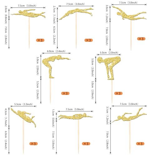 24 PCS Summer Swiming Cupcake Toppers Glitter Swim Cupcake Picks Swimmer Team Cake Decorations for Sports Swim Theme Beach Pool Party Baby Shower Birthday Party Cake Decro Supplies Gold