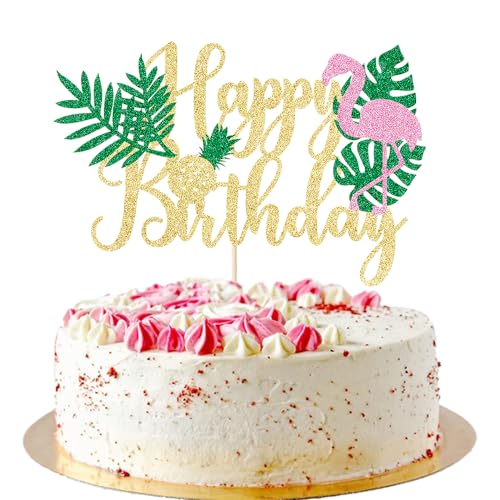 AROKIPPRY Glitter Flamingo Happy Birthday Cake Topper,Hawaiian Luau Tropical Pineapple Theme Kids Boys Girls Party Decoration Supplies