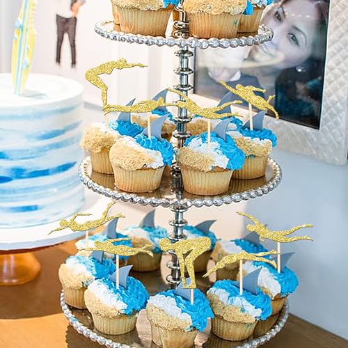24 PCS Summer Swiming Cupcake Toppers Glitter Swim Cupcake Picks Swimmer Team Cake Decorations for Sports Swim Theme Beach Pool Party Baby Shower Birthday Party Cake Decro Supplies Gold