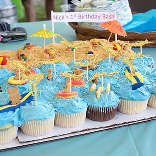 24 PCS Summer Swiming Cupcake Toppers Glitter Swim Cupcake Picks Swimmer Team Cake Decorations for Sports Swim Theme Beach Pool Party Baby Shower Birthday Party Cake Decro Supplies Gold