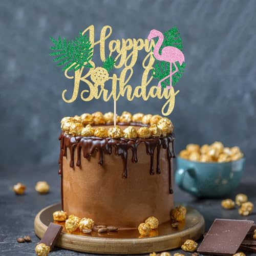 AROKIPPRY Glitter Flamingo Happy Birthday Cake Topper,Hawaiian Luau Tropical Pineapple Theme Kids Boys Girls Party Decoration Supplies