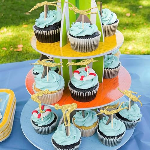 24 PCS Summer Swiming Cupcake Toppers Glitter Swim Cupcake Picks Swimmer Team Cake Decorations for Sports Swim Theme Beach Pool Party Baby Shower Birthday Party Cake Decro Supplies Gold