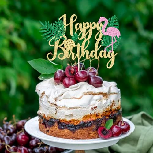 AROKIPPRY Glitter Flamingo Happy Birthday Cake Topper,Hawaiian Luau Tropical Pineapple Theme Kids Boys Girls Party Decoration Supplies