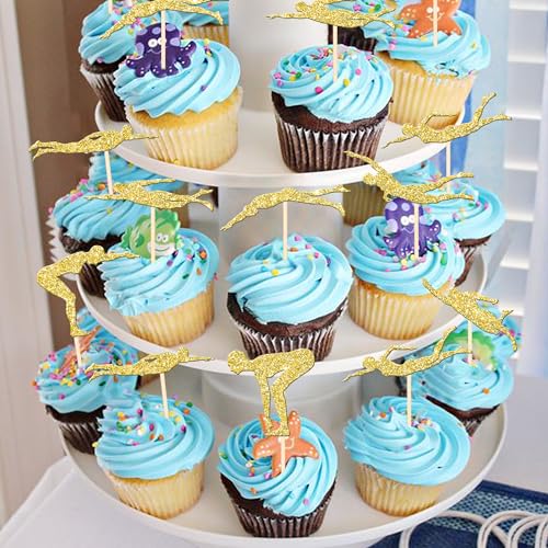 24 PCS Summer Swiming Cupcake Toppers Glitter Swim Cupcake Picks Swimmer Team Cake Decorations for Sports Swim Theme Beach Pool Party Baby Shower Birthday Party Cake Decro Supplies Gold