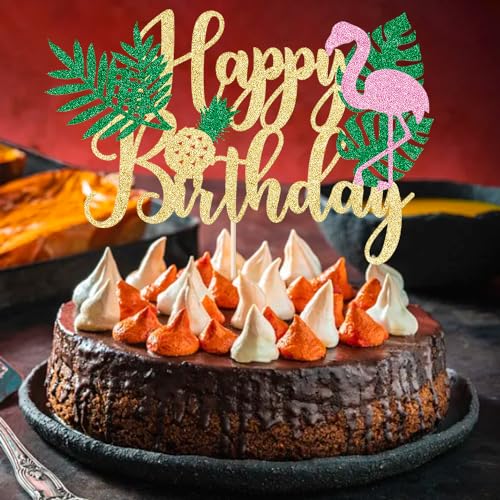 AROKIPPRY Glitter Flamingo Happy Birthday Cake Topper,Hawaiian Luau Tropical Pineapple Theme Kids Boys Girls Party Decoration Supplies