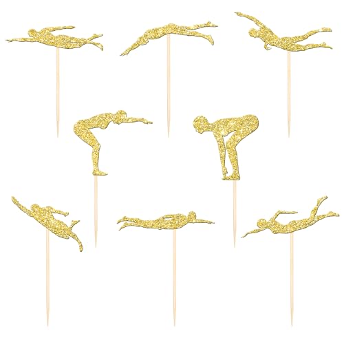 24 PCS Summer Swiming Cupcake Toppers Glitter Swim Cupcake Picks Swimmer Team Cake Decorations for Sports Swim Theme Beach Pool Party Baby Shower Birthday Party Cake Decro Supplies Gold