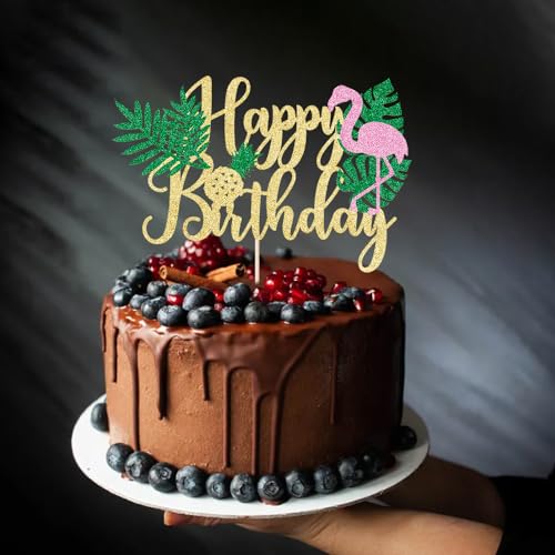 AROKIPPRY Glitter Flamingo Happy Birthday Cake Topper,Hawaiian Luau Tropical Pineapple Theme Kids Boys Girls Party Decoration Supplies