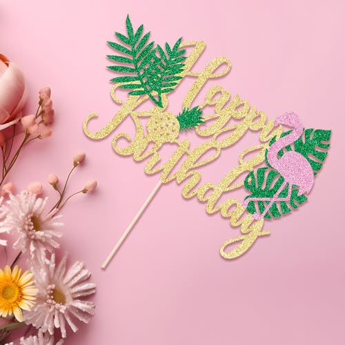 AROKIPPRY Glitter Flamingo Happy Birthday Cake Topper,Hawaiian Luau Tropical Pineapple Theme Kids Boys Girls Party Decoration Supplies
