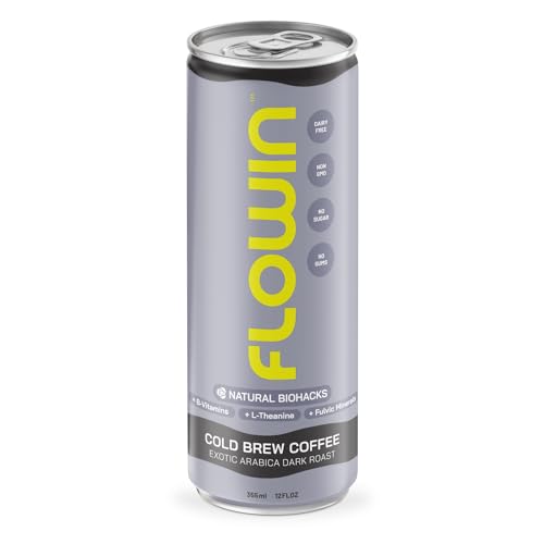 Flowin Cold Brew Black Coffee: Organic Arabica Dark Roast, Vegan, Sugar-Free, Non-GMO, Enhanced with Nootropics (Fulvic Acid, L-Theanine, B Vitamins) Ready-to-Drink Iced Coffee, Single 12oz Can.