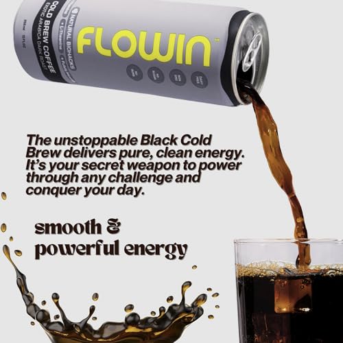 Flowin Cold Brew Black Coffee: Organic Arabica Dark Roast, Vegan, Sugar-Free, Non-GMO, Enhanced with Nootropics (Fulvic Acid, L-Theanine, B Vitamins) Ready-to-Drink Iced Coffee, Single 12oz Can.