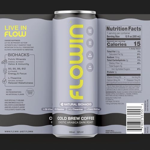 Flowin Cold Brew Black Coffee: Organic Arabica Dark Roast, Vegan, Sugar-Free, Non-GMO, Enhanced with Nootropics (Fulvic Acid, L-Theanine, B Vitamins) Ready-to-Drink Iced Coffee, Single 12oz Can.