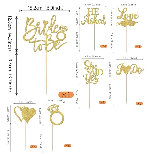 37 Pack He Asked She Said Yes Cupcake Toppers Glitter Love Heart I do Ring Cupcake Food Picks for Wedding Engagement Bridal Shower Party Cake Decorations Supplies Gold