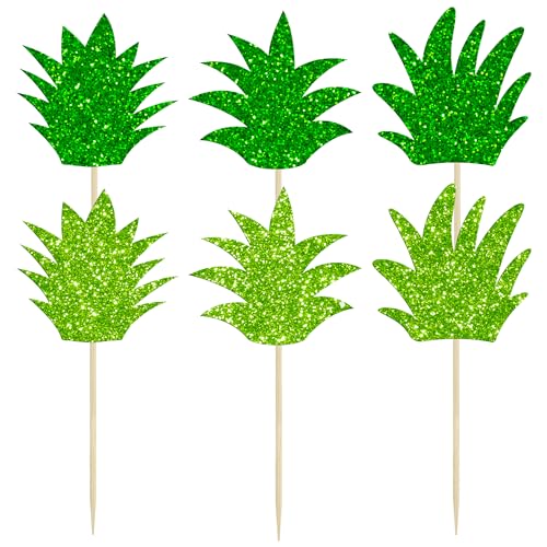 Ephlyn 24Pcs Pineapple Cupcake Toppers Mixed Green Glitter Donut Pineapple Leaf Hawaiian Luau Cake Decorations for Pineapple Theme Summer Tropical Baby shower Kids Birthday Party Supplies
