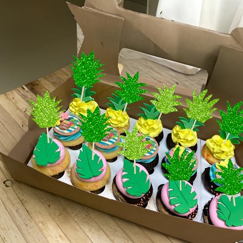 Ephlyn 24Pcs Pineapple Cupcake Toppers Mixed Green Glitter Donut Pineapple Leaf Hawaiian Luau Cake Decorations for Pineapple Theme Summer Tropical Baby shower Kids Birthday Party Supplies