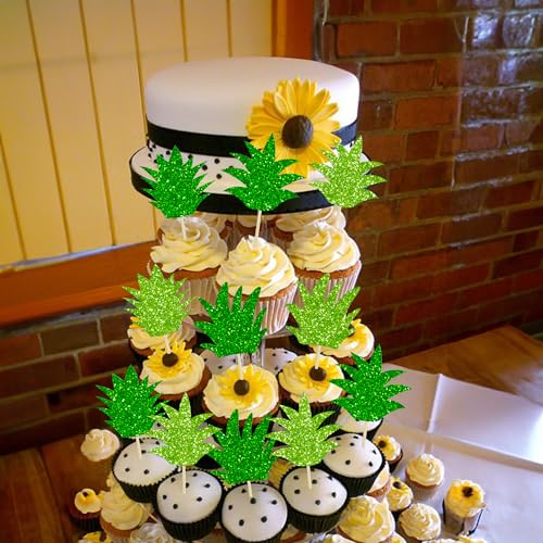 Ephlyn 24Pcs Pineapple Cupcake Toppers Mixed Green Glitter Donut Pineapple Leaf Hawaiian Luau Cake Decorations for Pineapple Theme Summer Tropical Baby shower Kids Birthday Party Supplies