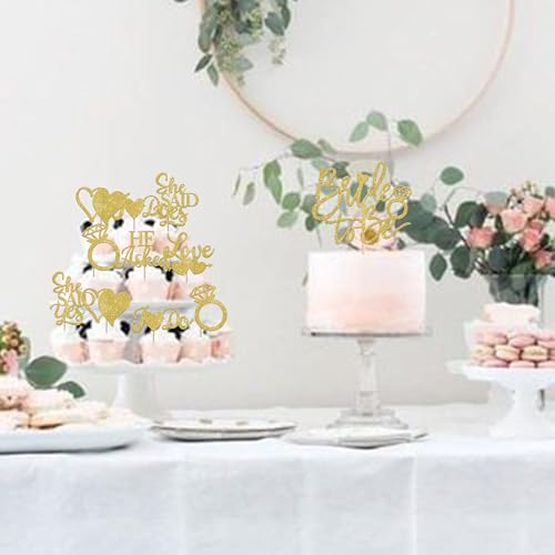 37 Pack He Asked She Said Yes Cupcake Toppers Glitter Love Heart I do Ring Cupcake Food Picks for Wedding Engagement Bridal Shower Party Cake Decorations Supplies Gold