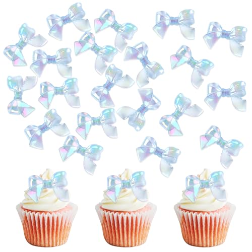 Cyodoos 24pcs Blue Bow Cake Topper Bowknot Cupcake Toppers Cake Dessert Picks Decoration For Baby Shower Birthday Wedding Party Supplies