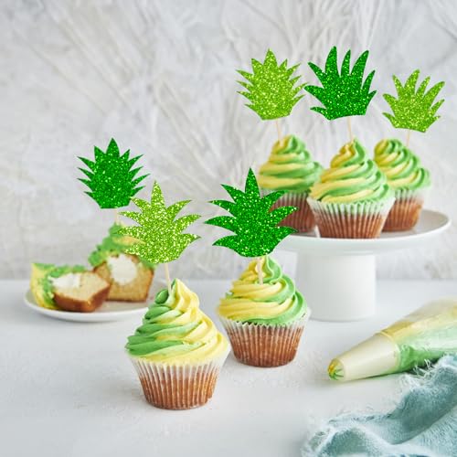 Ephlyn 24Pcs Pineapple Cupcake Toppers Mixed Green Glitter Donut Pineapple Leaf Hawaiian Luau Cake Decorations for Pineapple Theme Summer Tropical Baby shower Kids Birthday Party Supplies