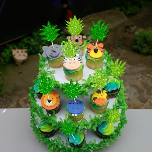Ephlyn 24Pcs Pineapple Cupcake Toppers Mixed Green Glitter Donut Pineapple Leaf Hawaiian Luau Cake Decorations for Pineapple Theme Summer Tropical Baby shower Kids Birthday Party Supplies