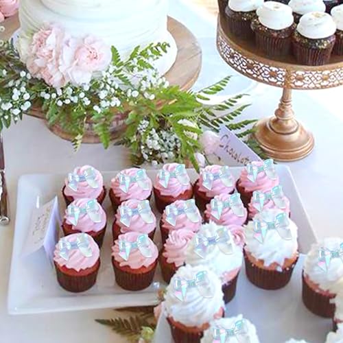 Cyodoos 24pcs Blue Bow Cake Topper Bowknot Cupcake Toppers Cake Dessert Picks Decoration For Baby Shower Birthday Wedding Party Supplies