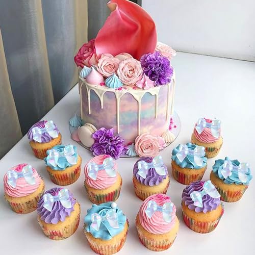 Cyodoos 24pcs Blue Bow Cake Topper Bowknot Cupcake Toppers Cake Dessert Picks Decoration For Baby Shower Birthday Wedding Party Supplies