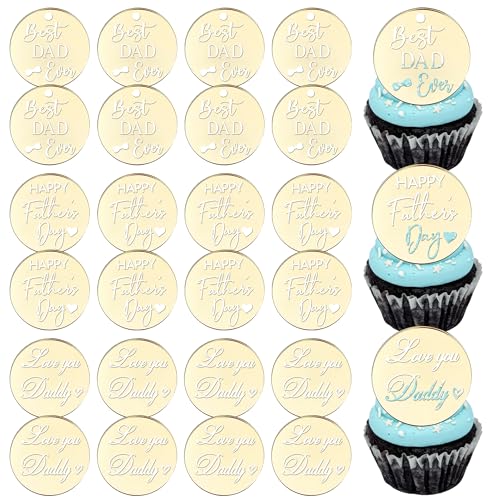 24 PCS Happy Father's Day Cupcake Toppers Acrylic Circle Mirror Engraved Best Dad Ever Cupcake Picks Love you Daddy Cake Decorations for Happy Father's Day Theme Men Birthday Party Supplies