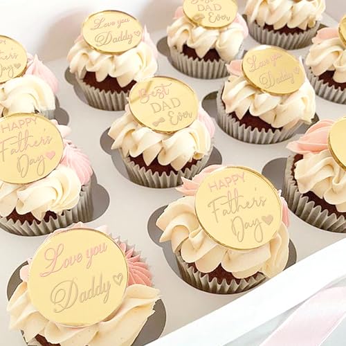 24 PCS Happy Father's Day Cupcake Toppers Acrylic Circle Mirror Engraved Best Dad Ever Cupcake Picks Love you Daddy Cake Decorations for Happy Father's Day Theme Men Birthday Party Supplies