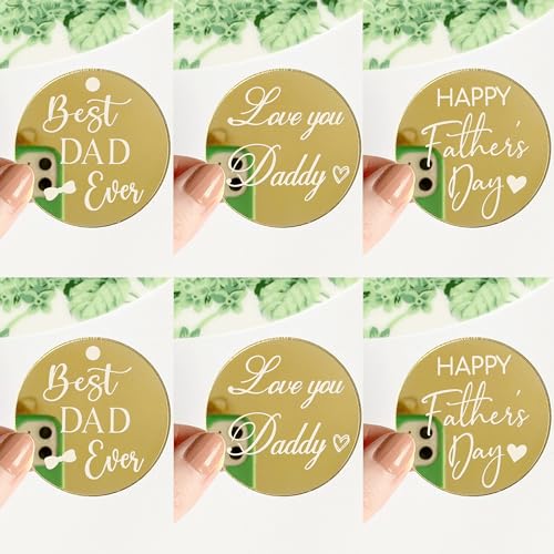 24 PCS Happy Father's Day Cupcake Toppers Acrylic Circle Mirror Engraved Best Dad Ever Cupcake Picks Love you Daddy Cake Decorations for Happy Father's Day Theme Men Birthday Party Supplies