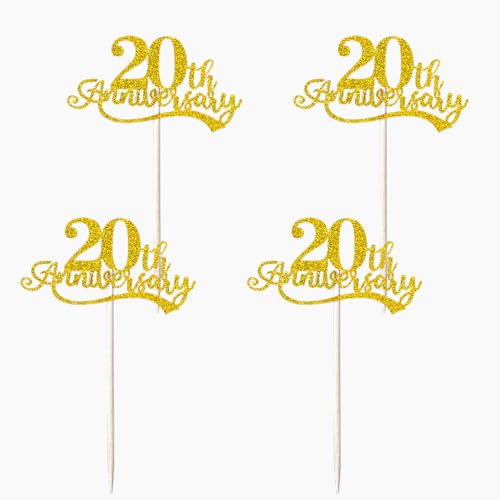 24 Pcs 20th Anniversary Cupcake Toppers - Glitter 'Cheers to 20th Years' Picks for Wedding, Birthday, Retirement, and Happy Anniversary Party Cake Decorations