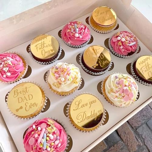 24 PCS Happy Father's Day Cupcake Toppers Acrylic Circle Mirror Engraved Best Dad Ever Cupcake Picks Love you Daddy Cake Decorations for Happy Father's Day Theme Men Birthday Party Supplies