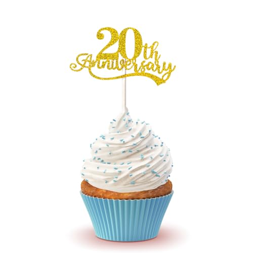 24 Pcs 20th Anniversary Cupcake Toppers - Glitter 'Cheers to 20th Years' Picks for Wedding, Birthday, Retirement, and Happy Anniversary Party Cake Decorations