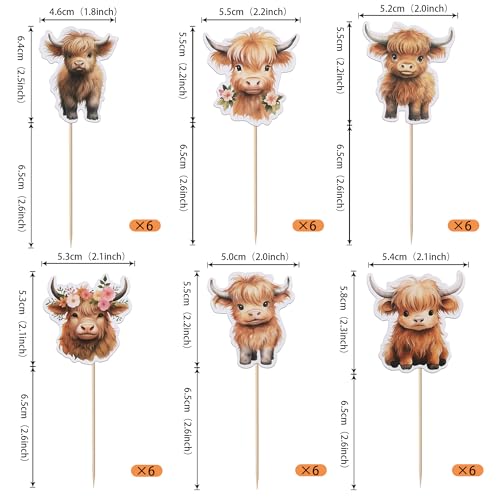 Rsstarxi 36 Pack Highland Cow Cupcake Toppers Double Sided Brown Highland Cow Farm Animal Cupcake Picks for Highland Cow Baby Shower Birthday Party Cake Decorations