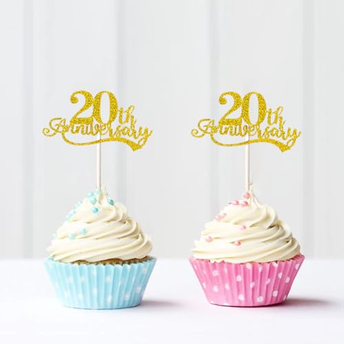 24 Pcs 20th Anniversary Cupcake Toppers - Glitter 'Cheers to 20th Years' Picks for Wedding, Birthday, Retirement, and Happy Anniversary Party Cake Decorations