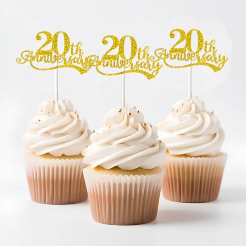 24 Pcs 20th Anniversary Cupcake Toppers - Glitter 'Cheers to 20th Years' Picks for Wedding, Birthday, Retirement, and Happy Anniversary Party Cake Decorations