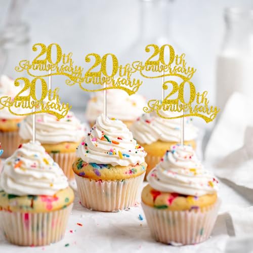 24 Pcs 20th Anniversary Cupcake Toppers - Glitter 'Cheers to 20th Years' Picks for Wedding, Birthday, Retirement, and Happy Anniversary Party Cake Decorations