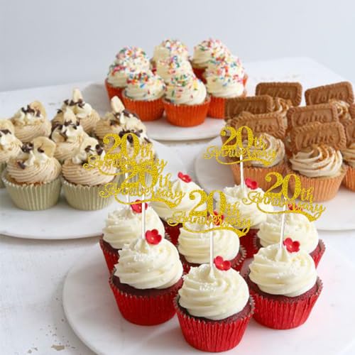 24 Pcs 20th Anniversary Cupcake Toppers - Glitter 'Cheers to 20th Years' Picks for Wedding, Birthday, Retirement, and Happy Anniversary Party Cake Decorations