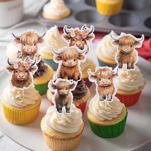 Rsstarxi 36 Pack Highland Cow Cupcake Toppers Double Sided Brown Highland Cow Farm Animal Cupcake Picks for Highland Cow Baby Shower Birthday Party Cake Decorations