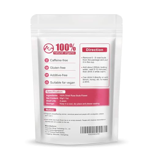 M inch Rose Buds Herbal Tea, Dried Red Rose, 100% Natural Pure Flower Edible Buds (50g) - Grade A, Caffeine Free, Vegan, GMO-Free