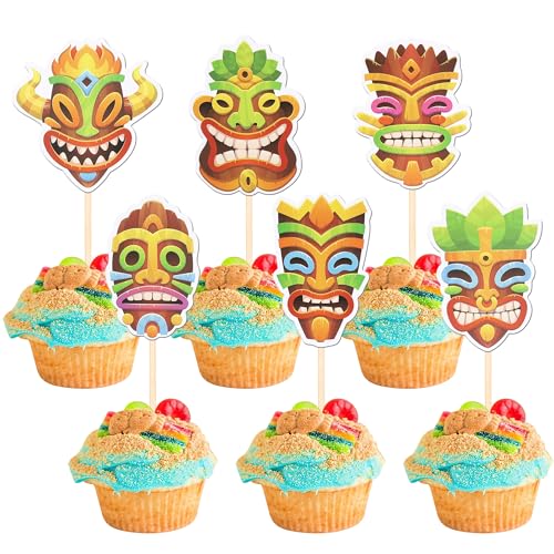36 PCS Hawaii Tiki Cupcake Toppers Tiki Totem Hawaiian Themed Party Cupcake Picks Hawaiian Luau Cupcake Decorations for Summer Tropical Hawaii Aloha Birthday Party Cake Decorations Supplies
