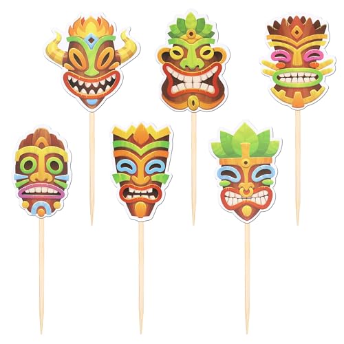 36 PCS Hawaii Tiki Cupcake Toppers Tiki Totem Hawaiian Themed Party Cupcake Picks Hawaiian Luau Cupcake Decorations for Summer Tropical Hawaii Aloha Birthday Party Cake Decorations Supplies