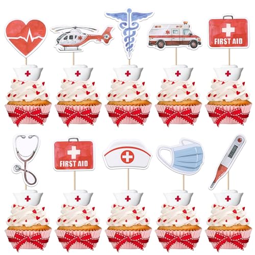 Rsstarxi 36 Pack Nurse Cupcake Toppers Nurse Decorations for Party Ambulance Helicopter Medical Instruments Cupcake Picks for Medical Nurse Theme Grad Birthday Party Cake Decorations