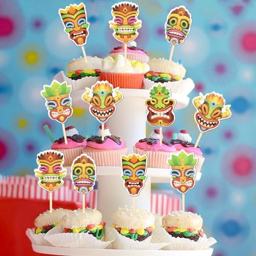 36 PCS Hawaii Tiki Cupcake Toppers Tiki Totem Hawaiian Themed Party Cupcake Picks Hawaiian Luau Cupcake Decorations for Summer Tropical Hawaii Aloha Birthday Party Cake Decorations Supplies