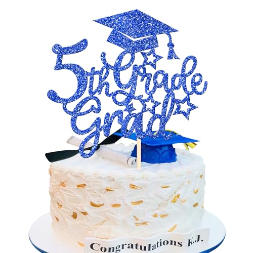 1 PCS 5th Grade Grad Cake Topper with Glitter Diploma Cap 5th Grade Graduation Cake Pick Class of 2024 Cake Decoration for 2024 Kids Boys Girls Fiveth Grade Graduation Party Supplies Blue