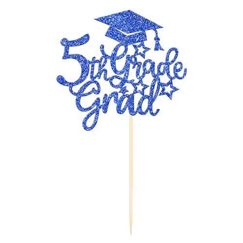 1 PCS 5th Grade Grad Cake Topper with Glitter Diploma Cap 5th Grade Graduation Cake Pick Class of 2024 Cake Decoration for 2024 Kids Boys Girls Fiveth Grade Graduation Party Supplies Blue