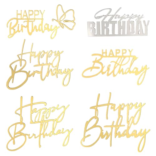 Qianyu 6 Packs Happy Birthday Cake Toppers Happy Birthday Acrylic Cake Topper Decorations Supplies Gold Cupcake Toppers for Children or Adults Cake Inserts DIY Cake Decor Souvenirs