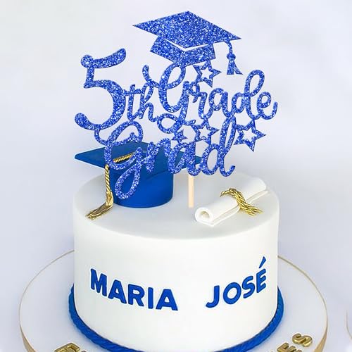 1 PCS 5th Grade Grad Cake Topper with Glitter Diploma Cap 5th Grade Graduation Cake Pick Class of 2024 Cake Decoration for 2024 Kids Boys Girls Fiveth Grade Graduation Party Supplies Blue